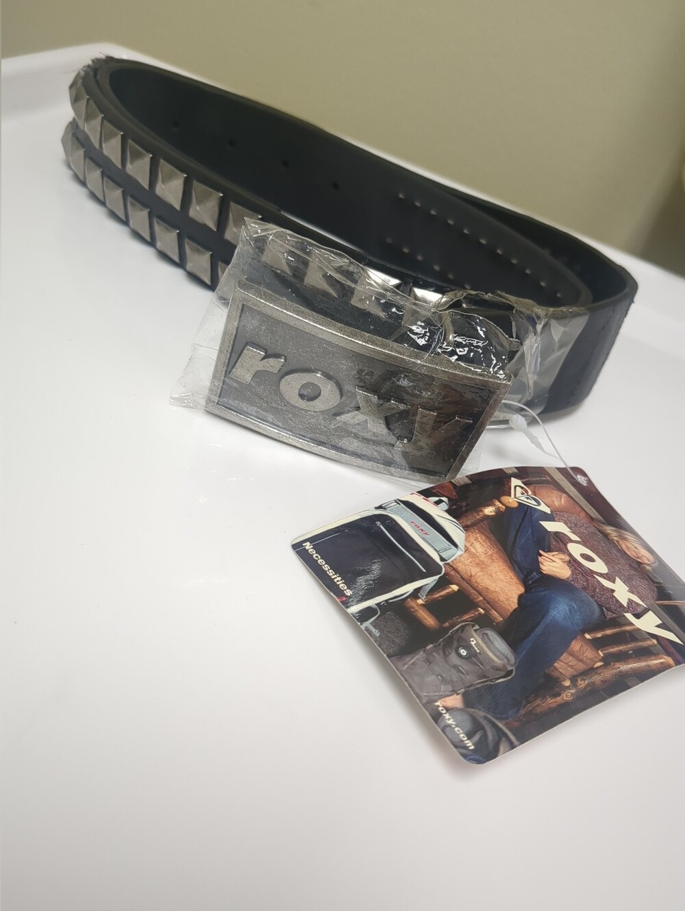 Vintage Roxy Silver Studded Faux Leather Belt Black Unisex Y2K (READ)